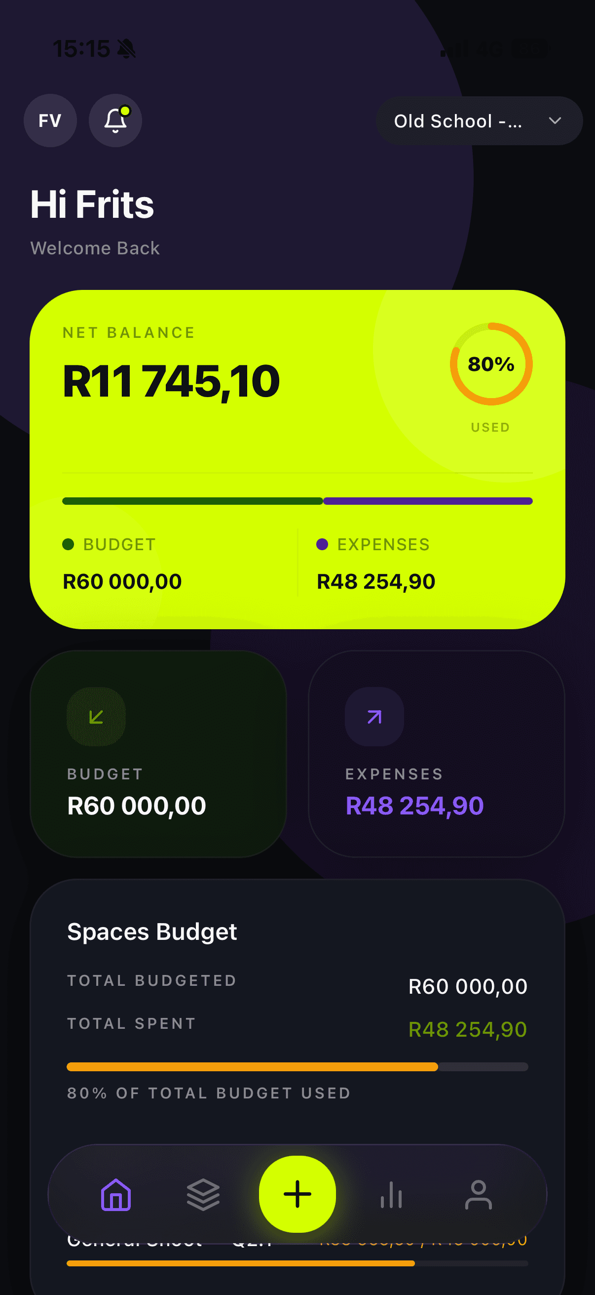 Sightline dashboard for Old School showing net balance, total budget, and expenses to date.