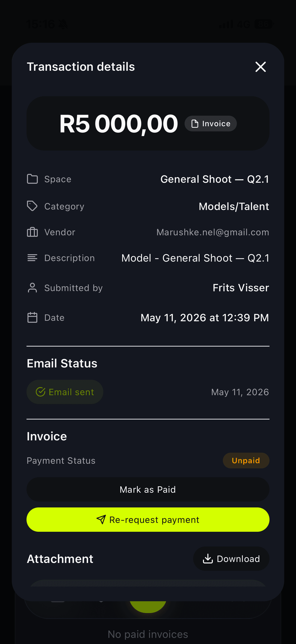 Sightline transaction details modal with vendor, invoice status, and a re-request payment action.