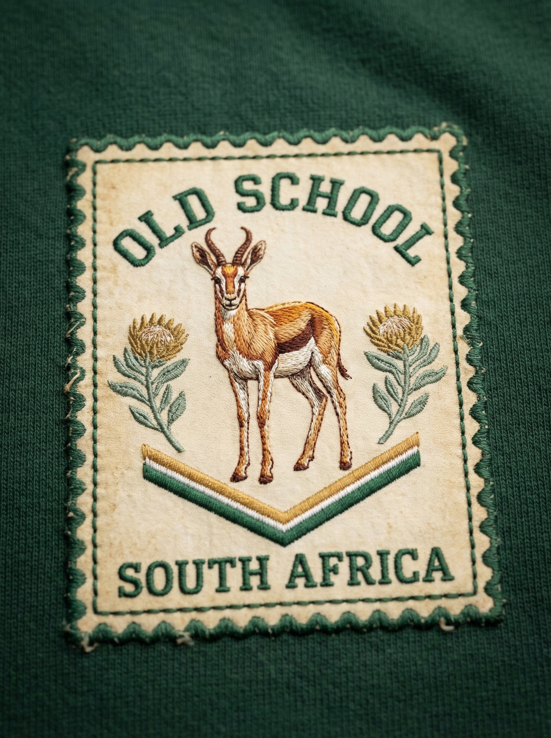 Badge WIP, stamp with full springbok and green proteas on vintage canvas